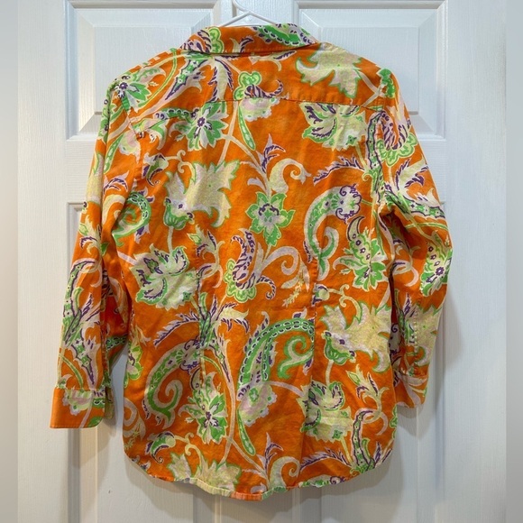 Lauren Ralph Lauren Orange Floral Blouse Cotton Button Up Collared Sz L Preppy - Picture 2 of 8